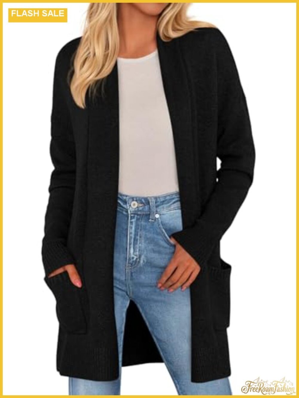 Long Open Front Knit Cardigan Sweater with Pockets Cozy Winter Layering